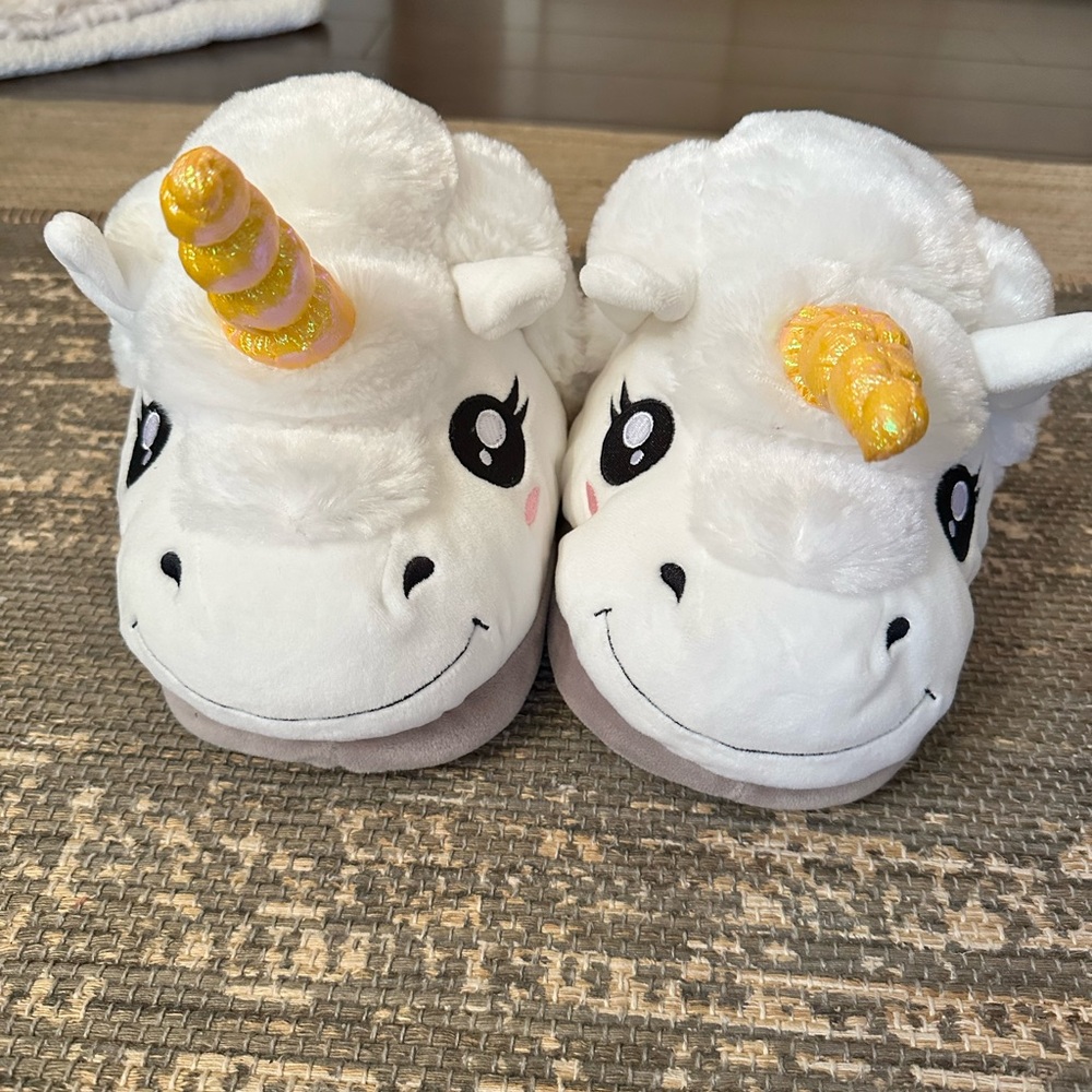 Adult White Unicorn Plush One-Piece Whimsical Slippers with Gold Horn